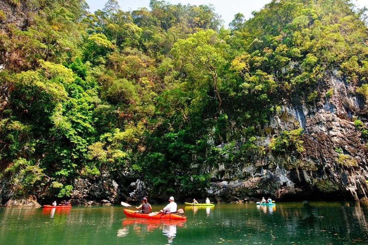 Dos personas en kayaks en un río cerca de un bosque.