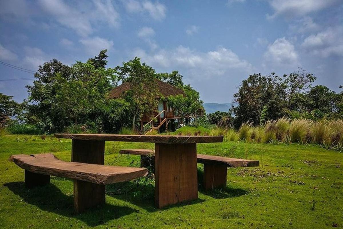 a picnic table and two benches in a field