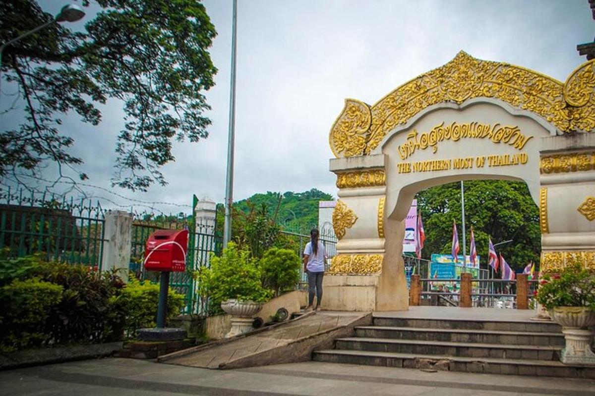 a woman standing in front of a gate at a park