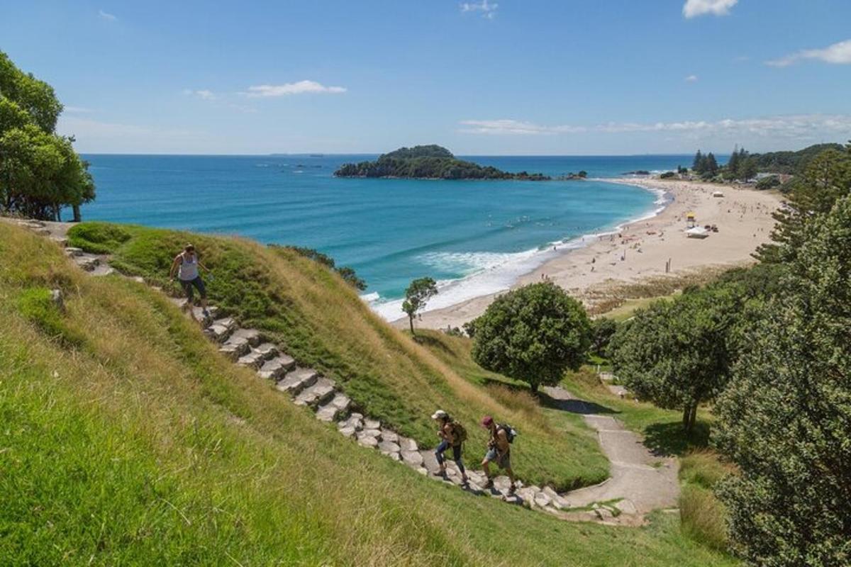 three people walking up a hill near a beach