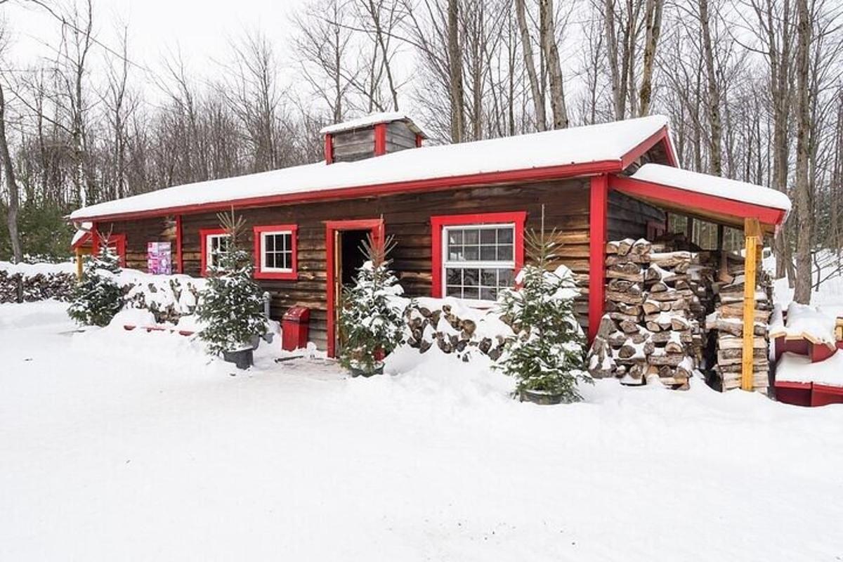 Una cabaña de troncos con techo rojo en la nieve