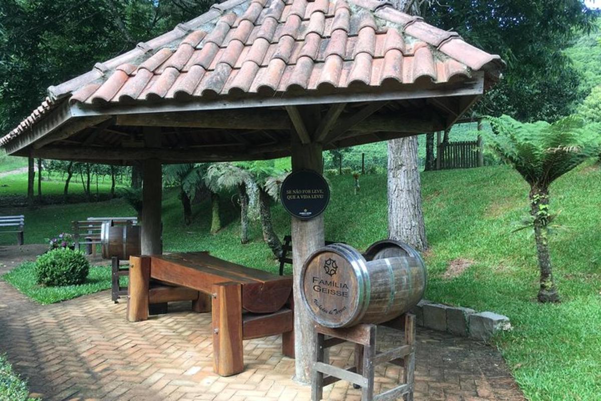 paviljonas su statine ir mediniu suolu