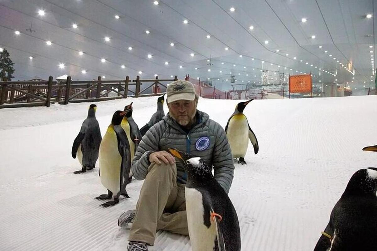 a man sitting in the snow with a bunch of penguins