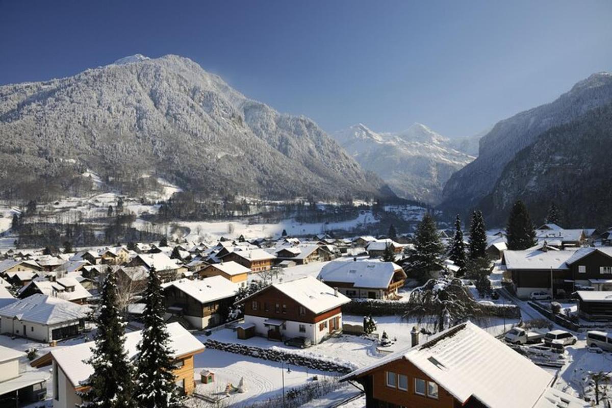 a village covered in snow with mountains in the background