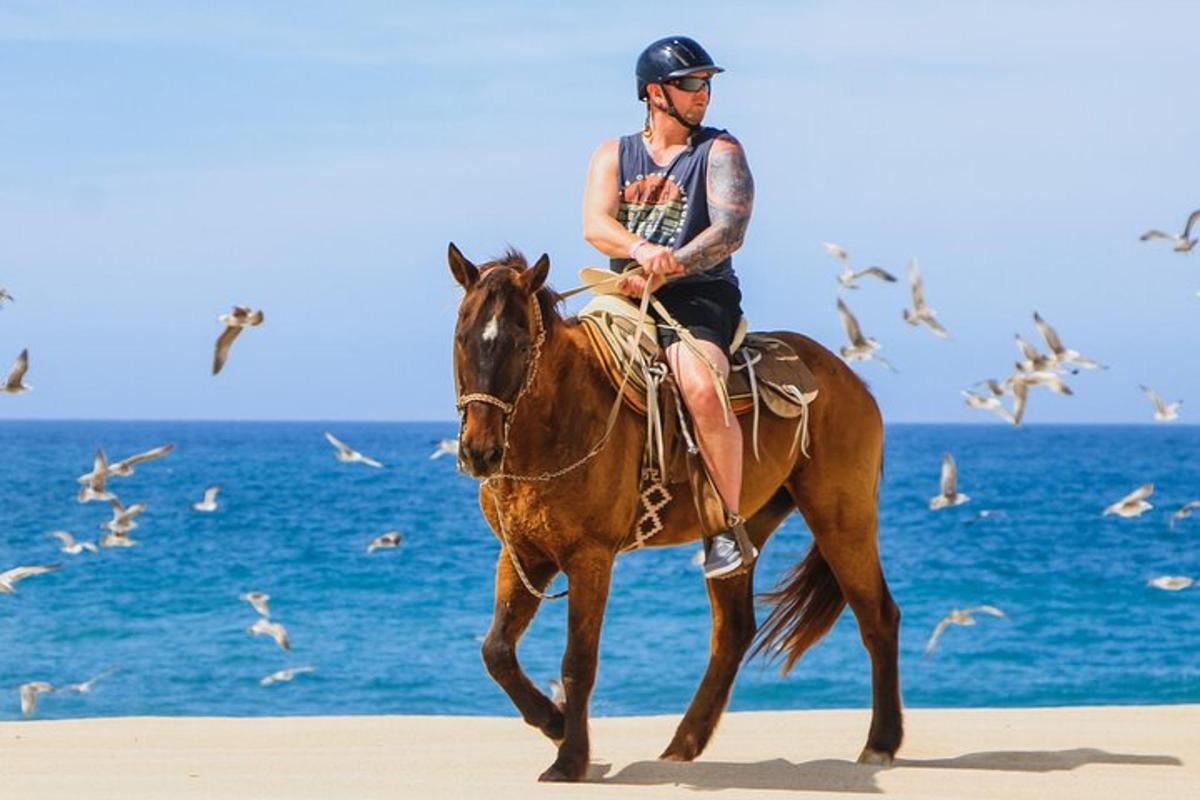 un hombre montando a caballo en la playa