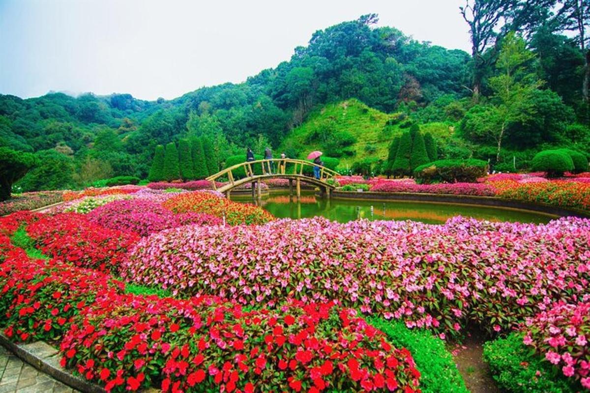 uma ponte sobre um lago em um jardim com flores