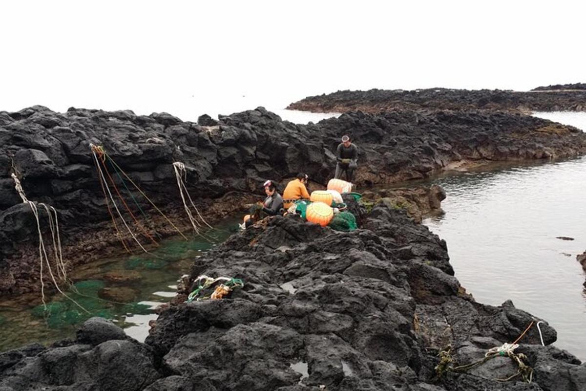 a group of people sitting on some rocks near the water