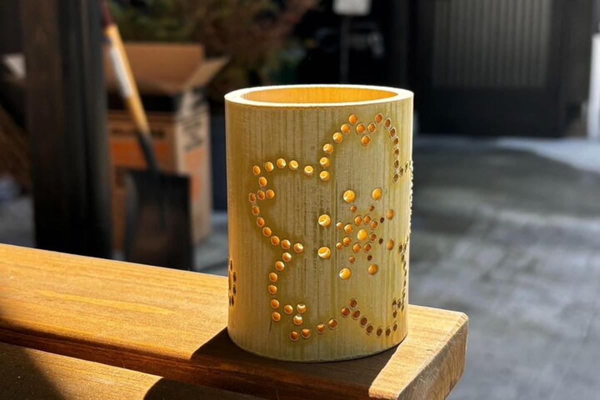 a cup sitting on top of a wooden table