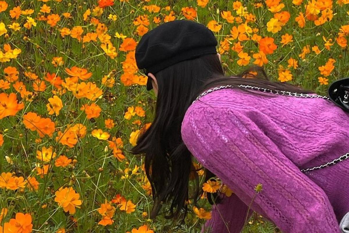 una ragazza seduta in un campo di fiori