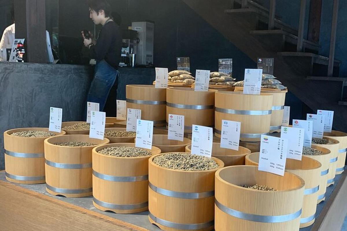 a bunch of barrels of food on a table