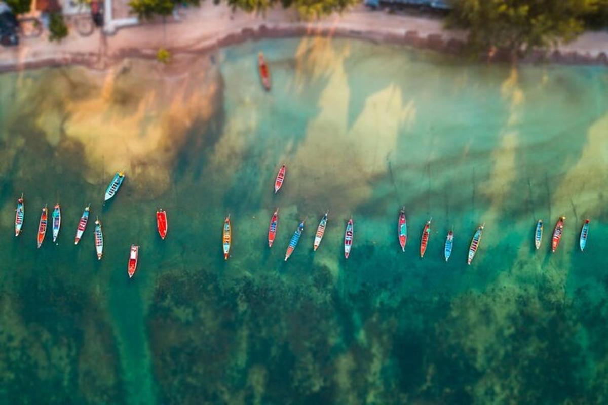 uma vista aérea de um grupo de barcos na água