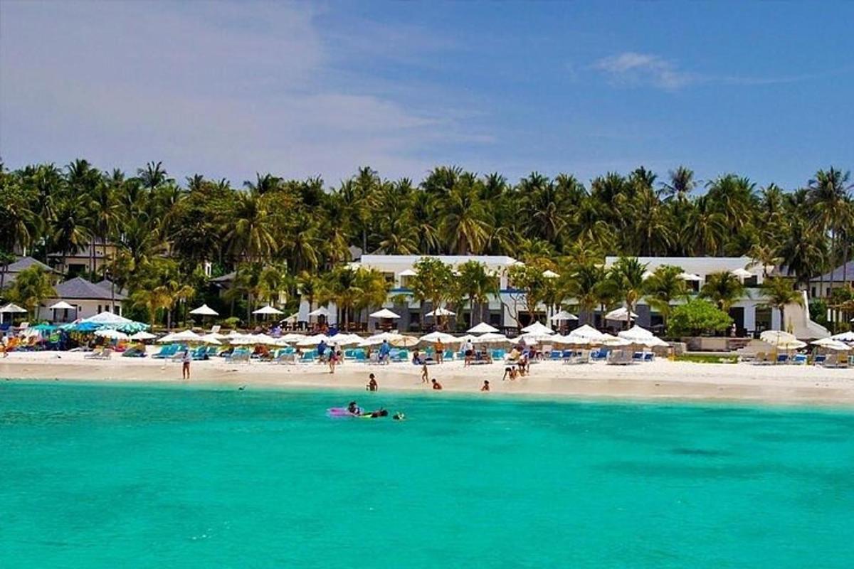 una playa con gente en el agua y sombrillas