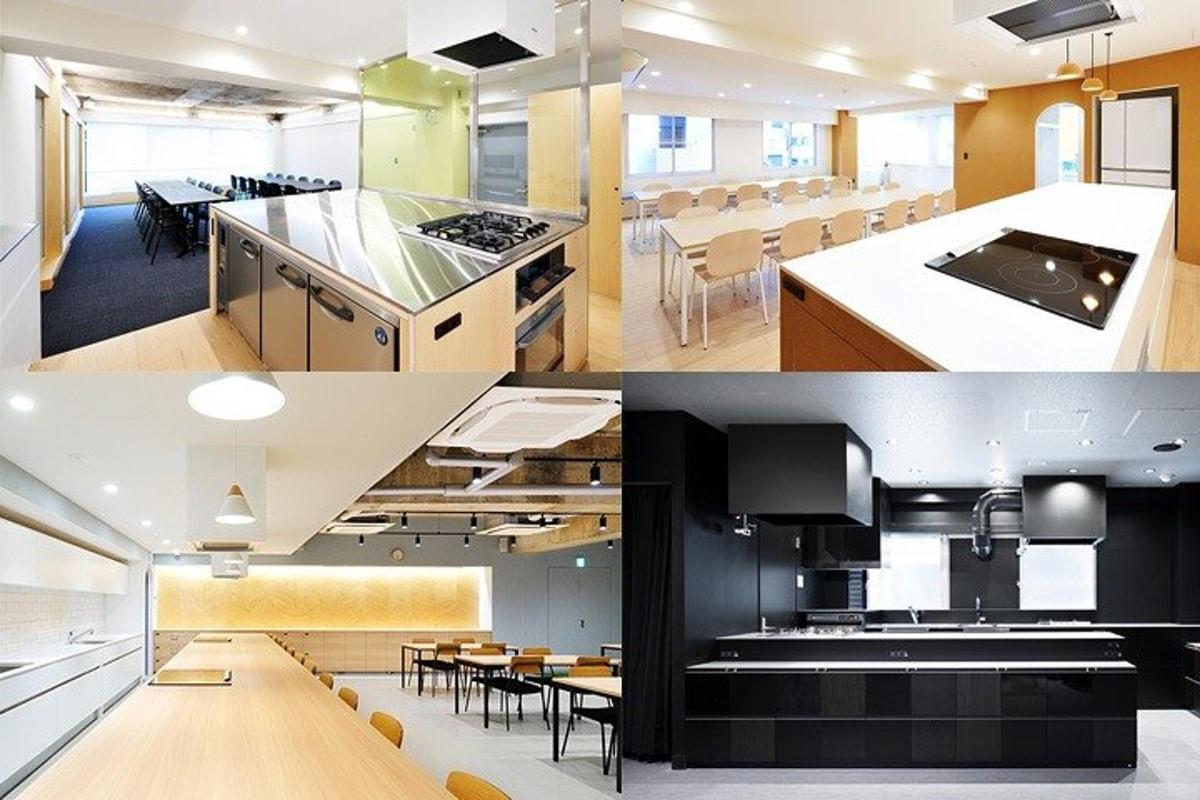 a kitchen and dining room with tables and chairs