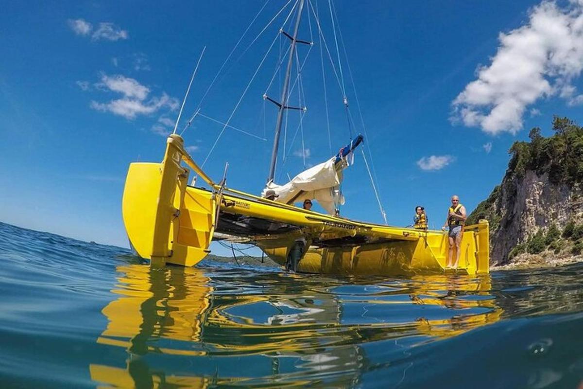 a yellow boat with a dog on it in the water