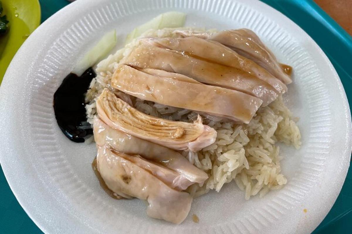 diskur af mat með kjúklingi og hrísgrjónum á borði