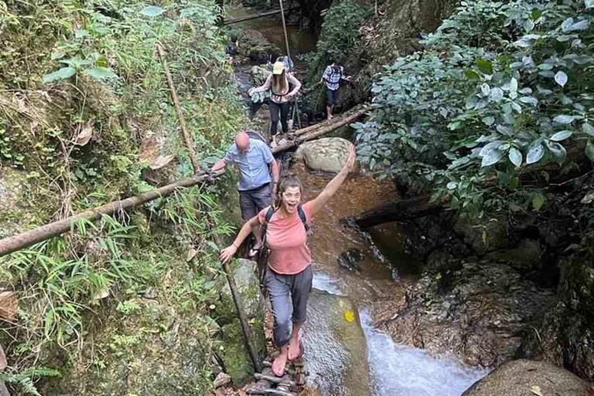 skupina lidí přecházejících most přes potok