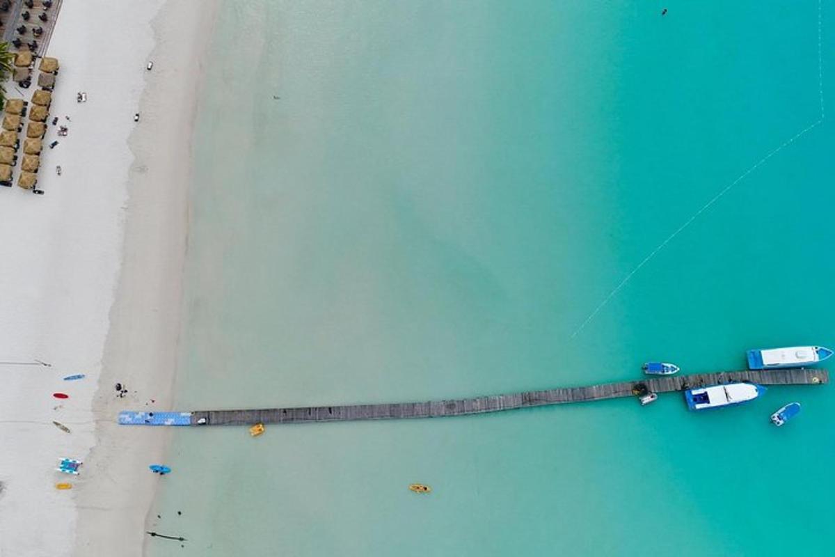 uma vista aérea de uma praia com uma pipa