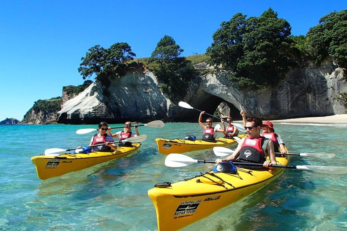 a group of people in kayaks in the water