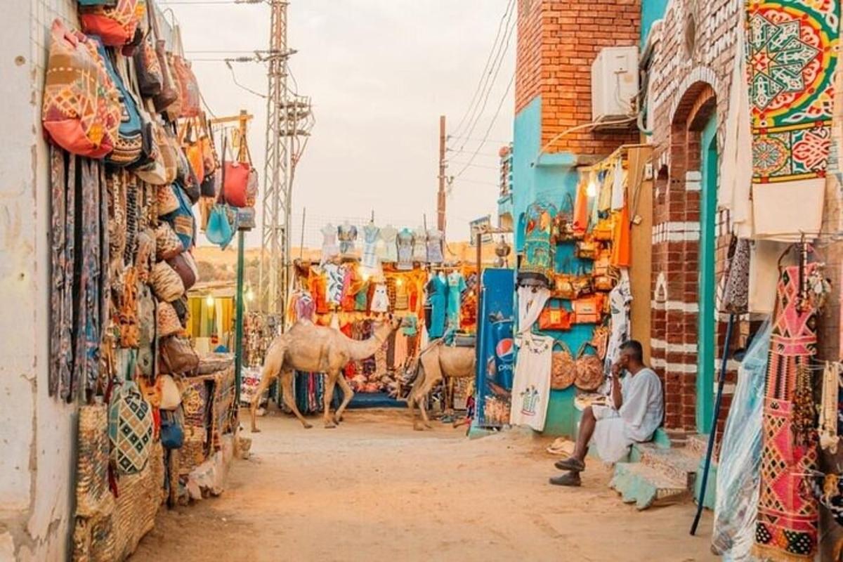 um homem sentado em um beco com animais em um mercado