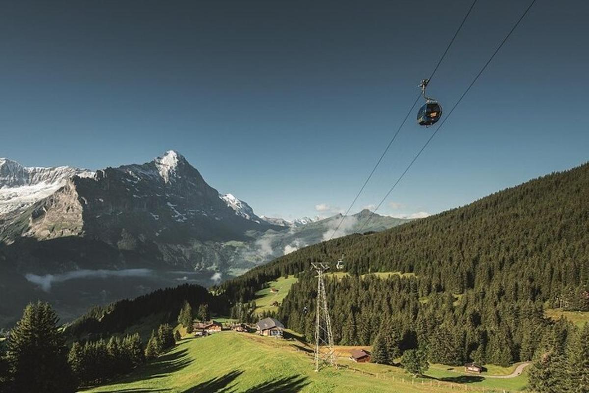 Gondola letící nad zeleným údolím s horami