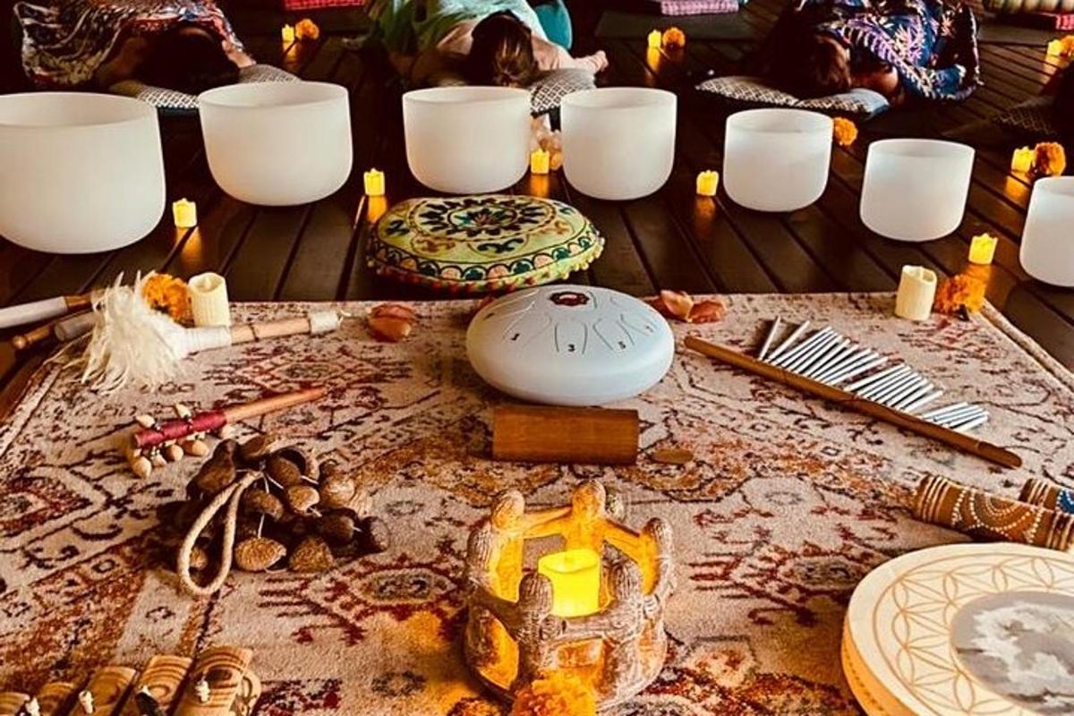 a table with candles and other items on it