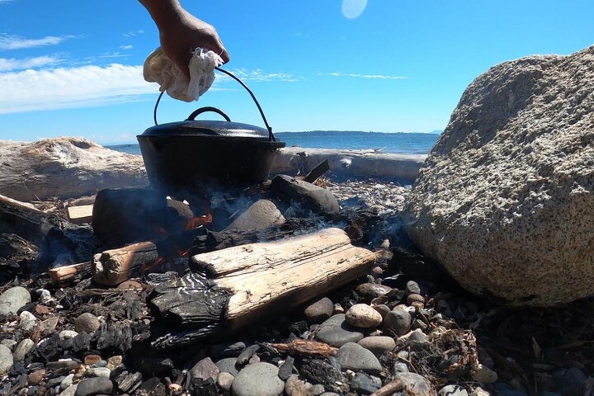 a person holding a pot over a fire on a beach