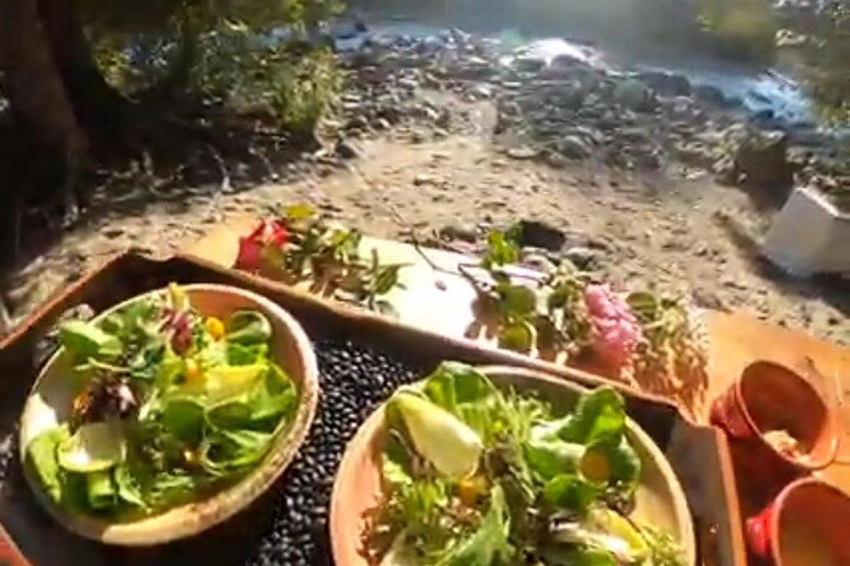 two plates of food on a table with salad