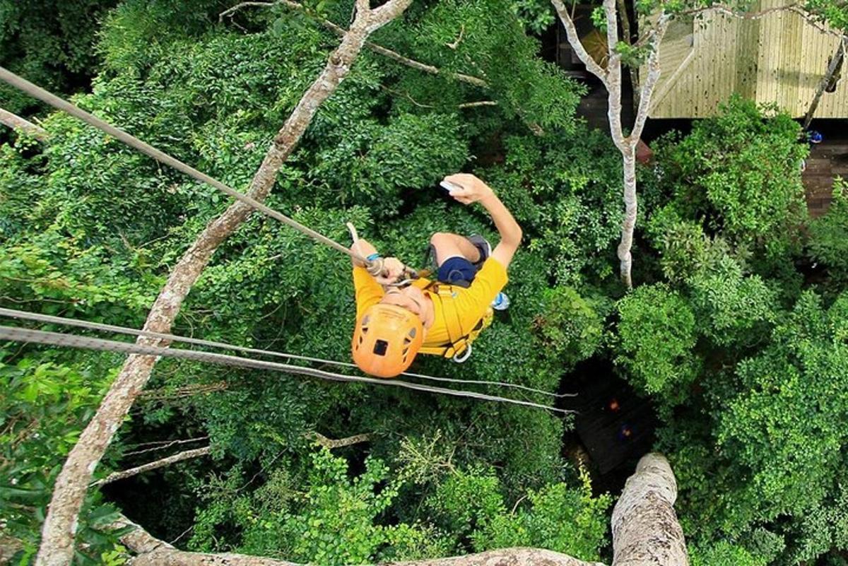 una persona en una tirolina entre els arbres