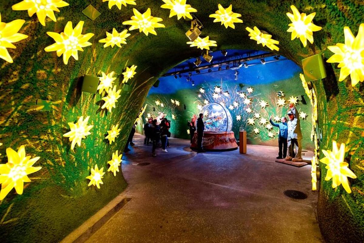 a group of people standing in a tunnel with flowers