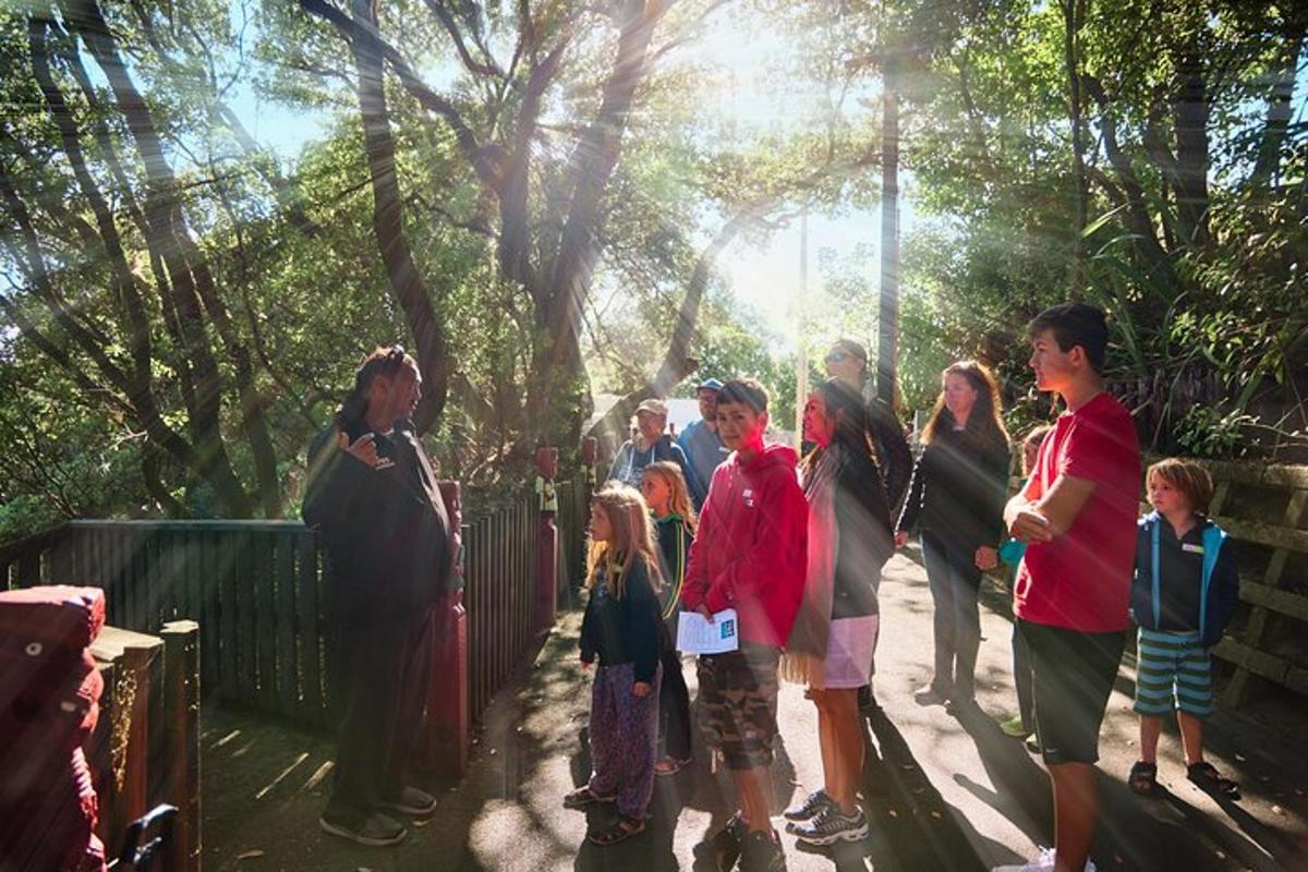 a group of people standing in a queue at a zoo