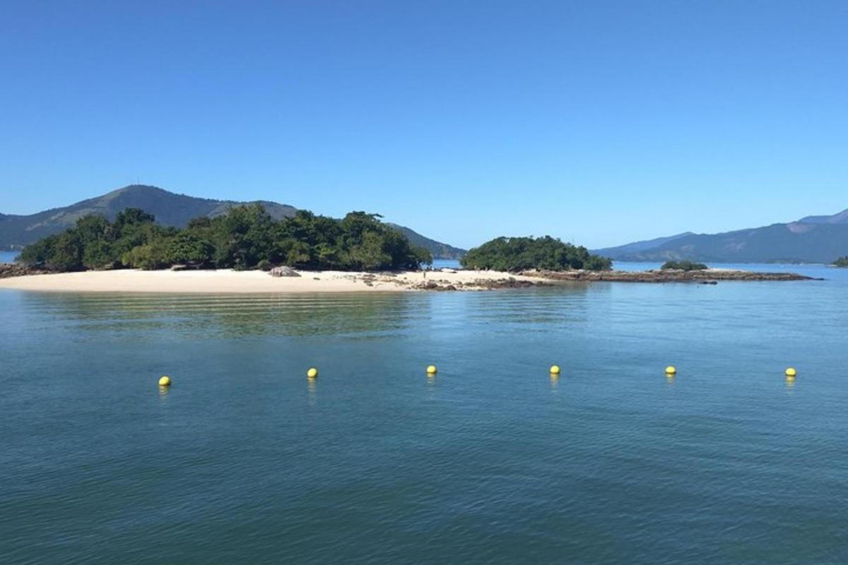 a group of yellow buoys in the water near an island