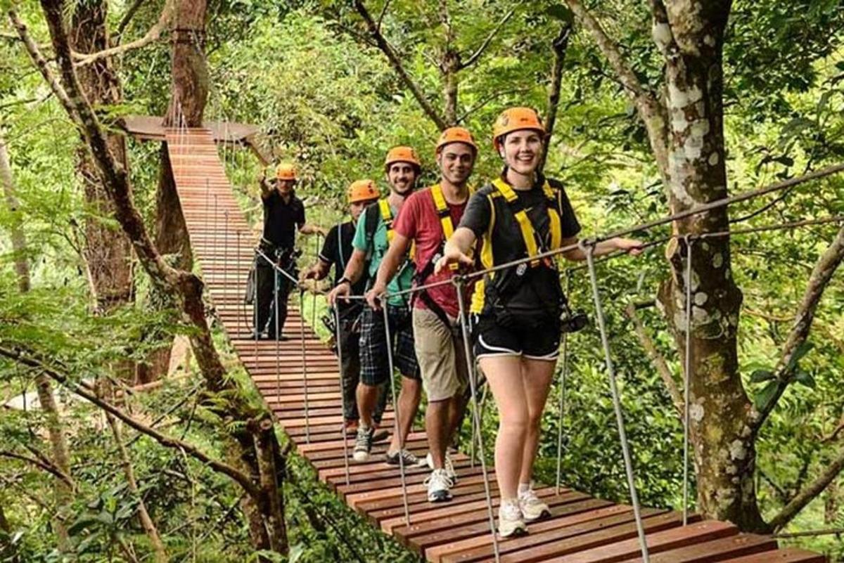 un grup de oameni care traversează un pod suspendat în pădure