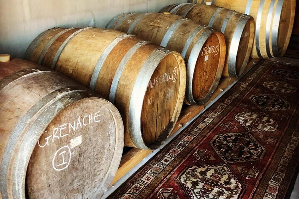 a row of wine barrels in a room