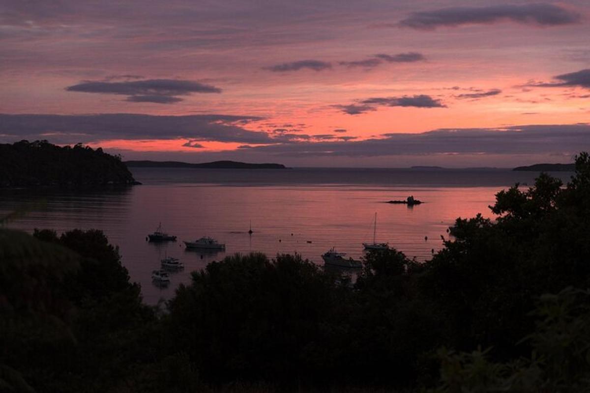a sunset over a large body of water with boats