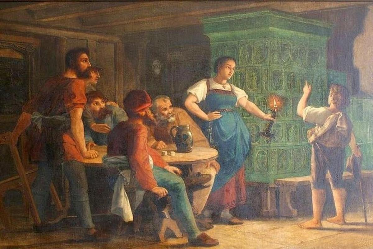 egy festmény, amely egy szobában lévő emberek csoportját ábrázolja