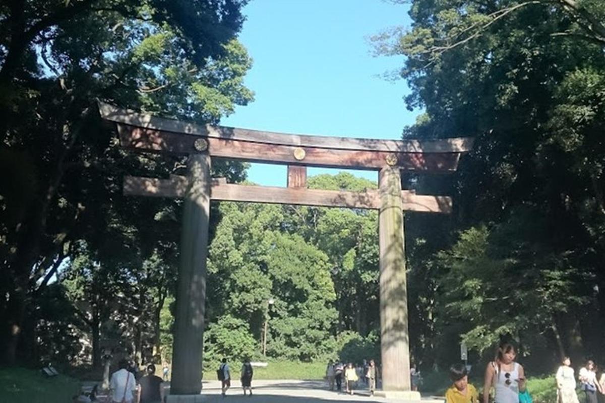 un cancello torii in un parco con persone che camminano