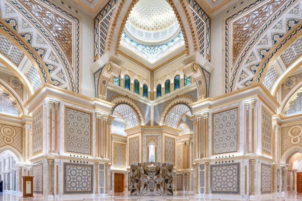 a large room with a building with a ceiling