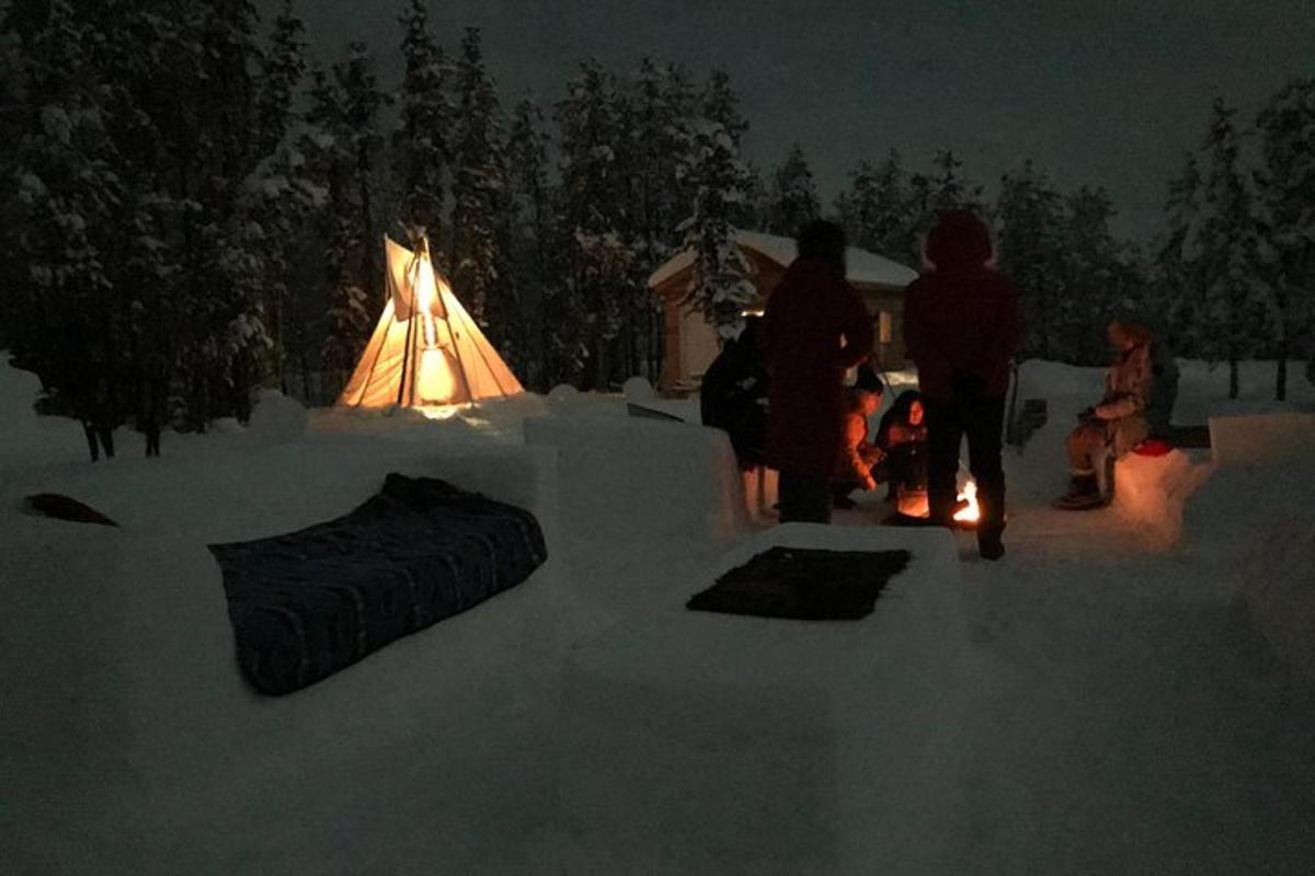 a group of people standing in the snow at night