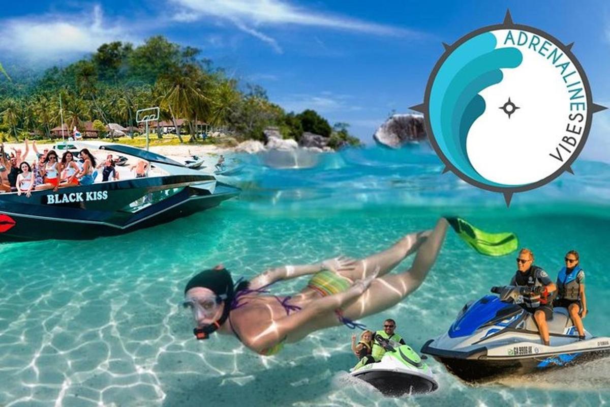 ženska leži na vodnem skuterju v vodi poleg čolna