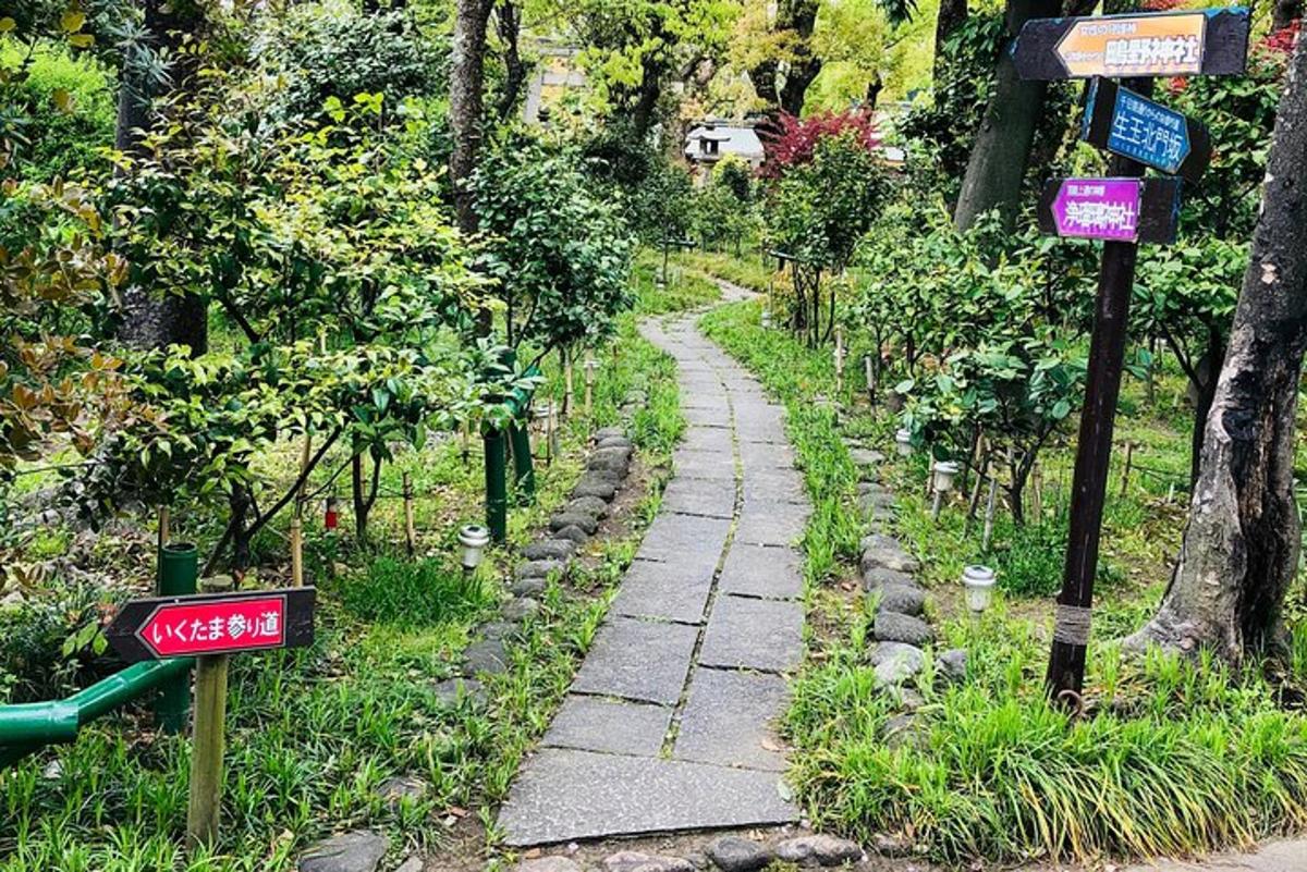 un sentiero di pietra in un giardino con cartelli su di esso