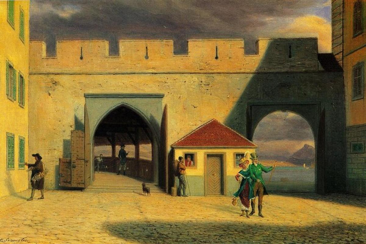 ένας πίνακας με ανθρώπους που στέκονται έξω από ένα κτίριο
