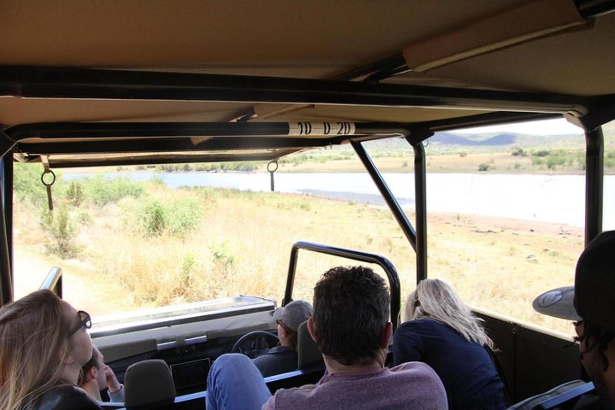 a group of people riding on a safari bus