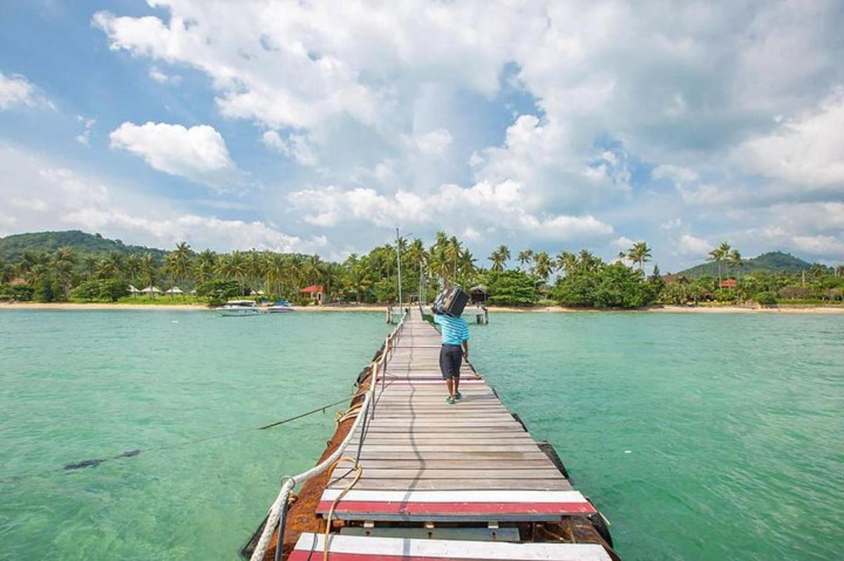 a person walking on a wooden bridge over the water