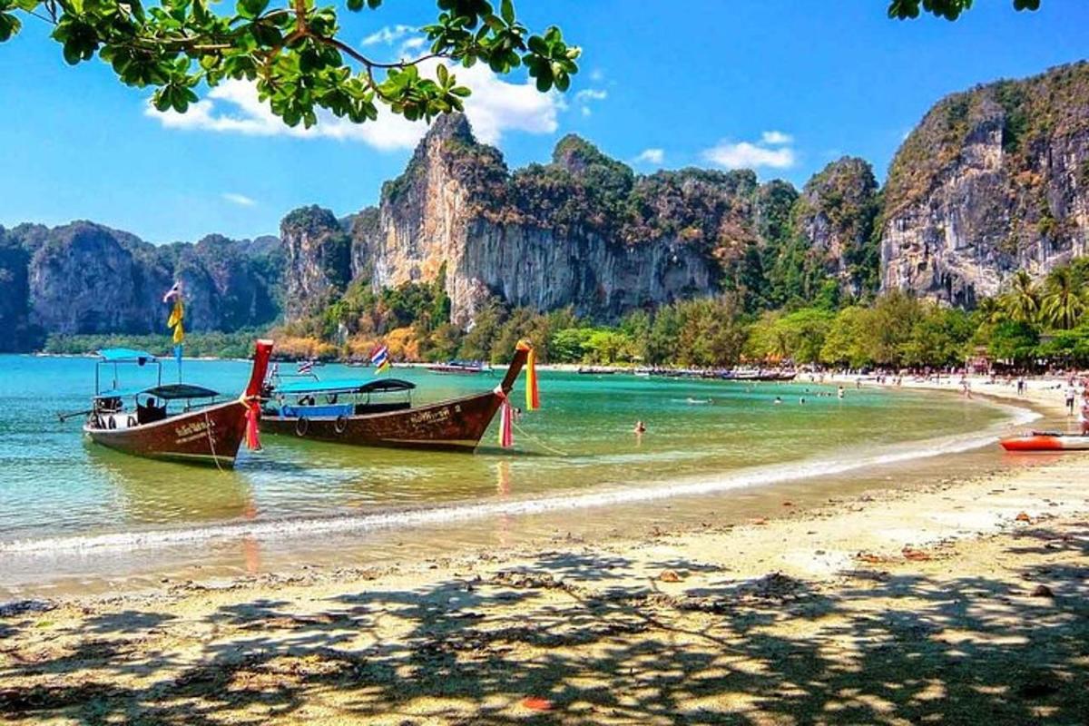 due barche su una spiaggia con una montagna sullo sfondo