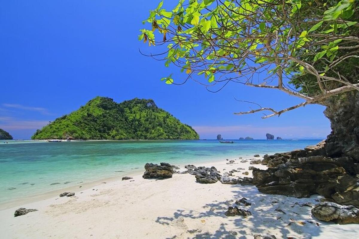 a sandy beach with a small island in the ocean
