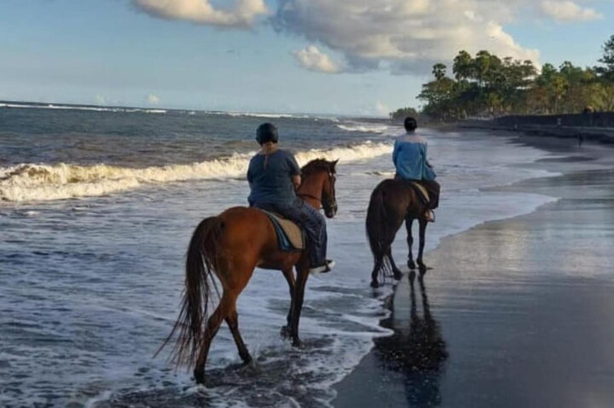 two people are riding horses on the beach