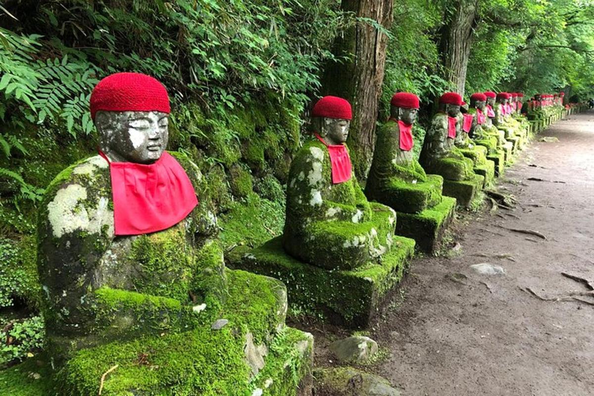 deretan patung di taman yang dilitupi lumut