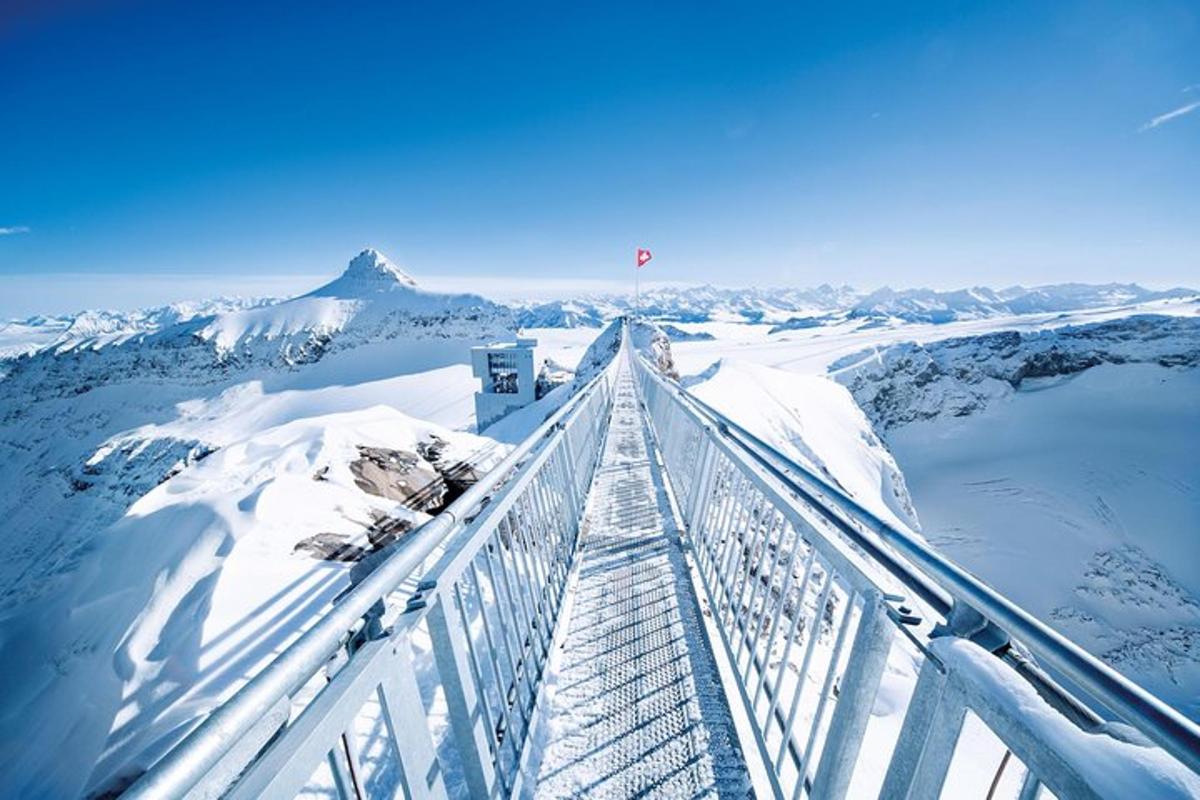 en gangvei i snøen med fjell i bakgrunnen