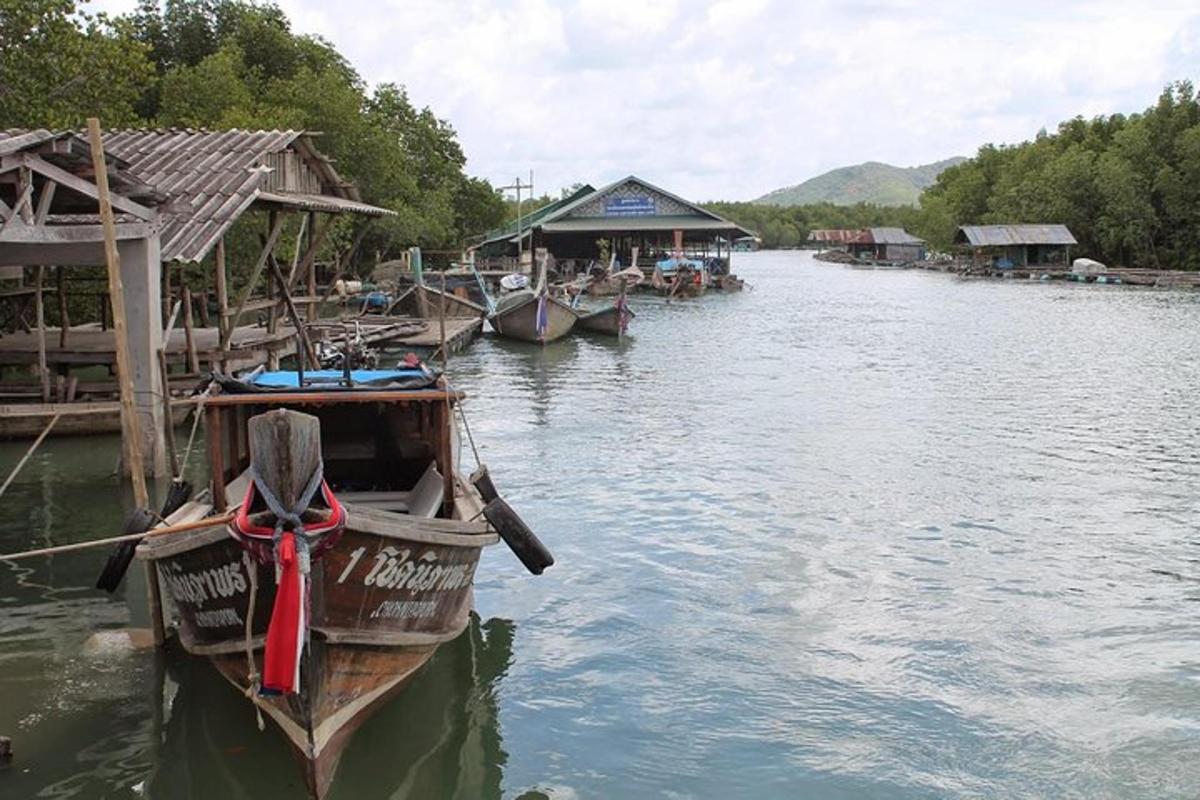 a group of boats docked on a river with trees