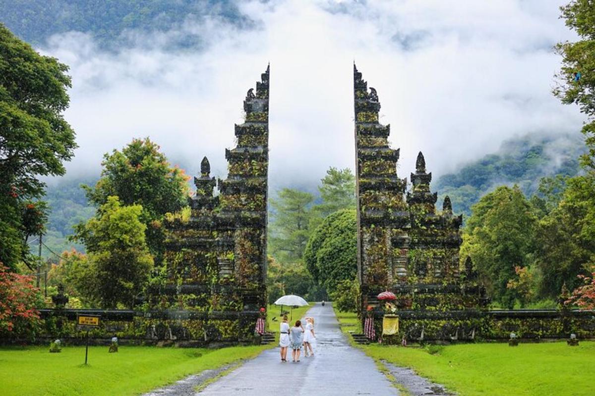 a group of people standing in front of a temple
